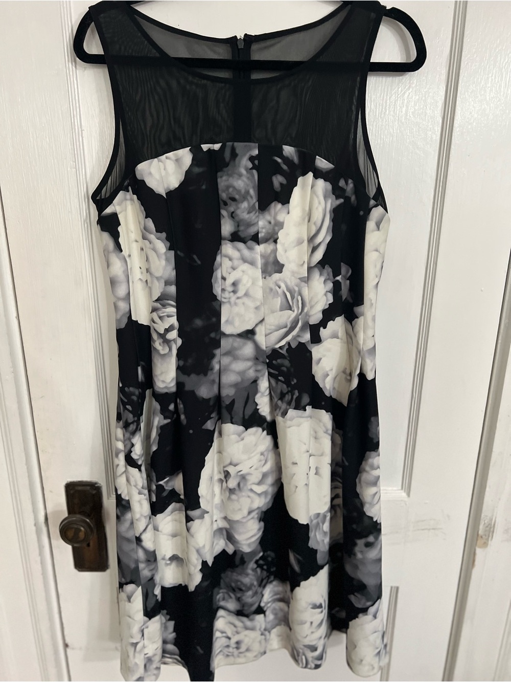 Calvin Klein Black and White Floral Mesh Yoke Midi Dress